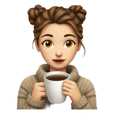 Cute brown haired girl in a cozy sweater hair in a messy bun drinking coffee sticker