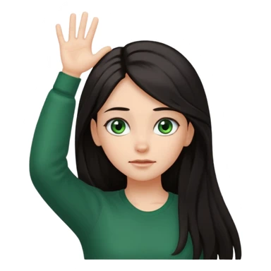 Animated girl dark long hair green eyes emoji holding right side of the head with her hand with duh facial expression , hand on top of her head sticker