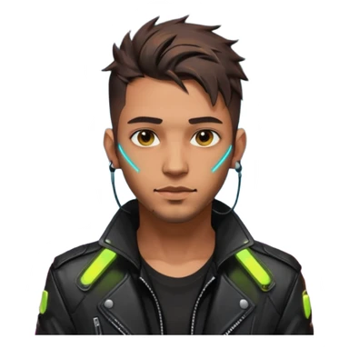 Cyberpunk street adult, hispanic, male, messy undercut, glowing earpiece, light stubble, brown eyes, neon reflections, headshot sticker