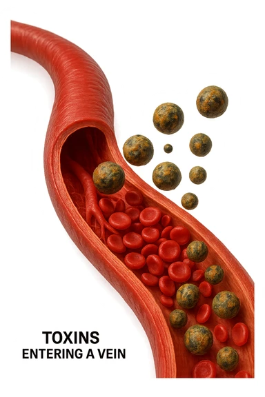 tossine che entrano in una vena umana anatomica realistica, vista dall'alto, iperrealistica 4k sticker
