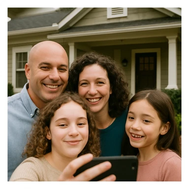 A family of four taking a selfie in front of a house: a bald dad with medium light skin, a mom with curly hair and pale skin, an older daughter with curly hair and pale skin holding the phone, and a younger daughter with straight hair and medium light skin. The two sisters look amused, and the parents are smiling. sticker