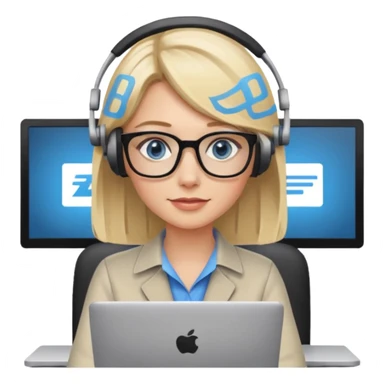 donna bionda occhi azzurri con occhiali, capelli media lunghezza lisci, è al pc è una grafica editoriale e redattrice sticker