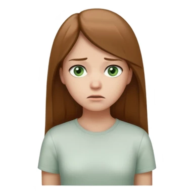 Cartoon emoji of a girl with long, straight light brown hair, fair skin, soft green eyes. Wearing a white top, standing slightly apart from a group, looking unsure and miserable. Nervous, fearful, lacking confidence. Smooth, simple, stylized." sticker