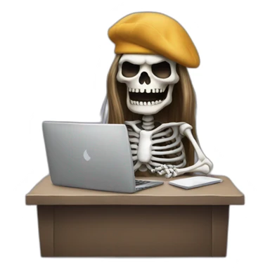 a-scary-skeleton-with-long-hair-and-beret-sitting-at-computer sticker
