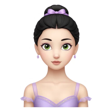 Cinematic Realistic ballerina Light Purple Portrait, depicted with lifelike skin texture, subtle rosy undertones, and soft natural lighting that enhances the gentle contours of her face. Her intricately detailed sweet black hair is elegantly styled, green eyes sticker