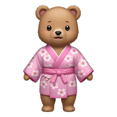 A cute light-brown bear wearing a pastel pink sakura-patterned kimono, normal balanced body ratio.  
Standing under a blooming sakura tree, looking up at falling pink petals with a soft amazed smile.  
Kawaii emoji style, minimalistic clean sticker illustration, simple scenic background. sticker