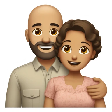Brown-haired Puerto Rican woman with dark brown eyes wearing a cute blouse giving a comforting hug to a short, bald man with brown eyes, laugh lines, and a beard sticker