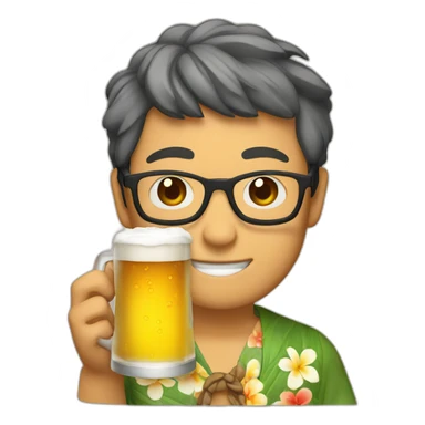 Japanese wearing glasses alohashirt is holding beer sticker