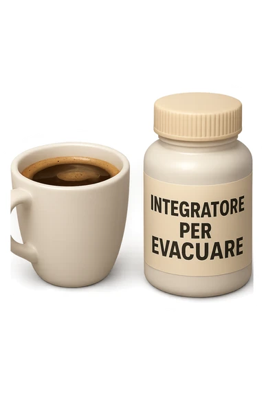 EMOJI STILE IPHONE 3D DI un caffè e di una boccetta di integratore con la scritta "INTEGRATORE PER EVACUARE" SULL'ETICHETTA, iperrealistico 4k sticker