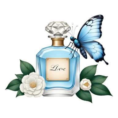 A nostalgic composition of an antique perfume bottle with a crystal stopper, an old love letter, and a single pale blue butterfly resting atop a white camellia.
 sticker