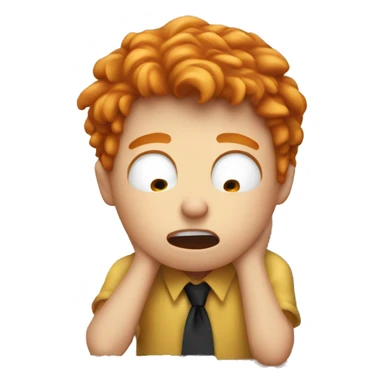 Ginger boy crying behind a computer desk sticker
