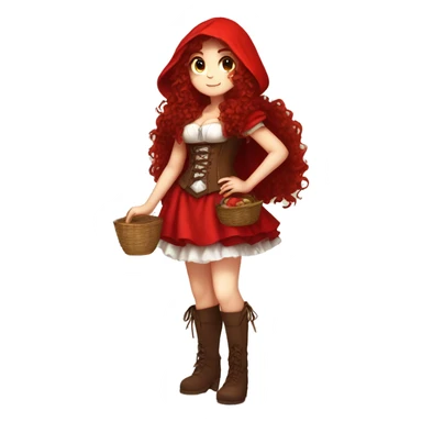 Little Red Riding Hood long curly red hair, brown corset and dress full body pose non-chibi sticker