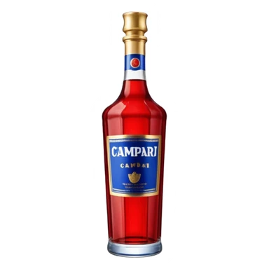 A tall red Campari bottle with a gold cap, bold blue-and-white label, and textured ridged glass at the bottom. Glossy, elegant, iconic look. sticker