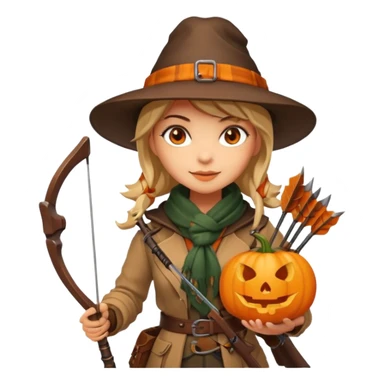 female human monster hunter emoji, wearing brown coat and hat, holding crossbow, soft smile, scarf, glowing pumpkin by her side, Halloween fantasy style, clean vector Apple emoji look, bright colors, white background, square sticker