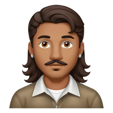 Young man with medium brown skin, mixed-race ethnicity, long wavy dark brown hair with a center part, mustache separated from goatee (no connection between them), medium brown eyes, diamond stud earrings in both ears, head only sticker