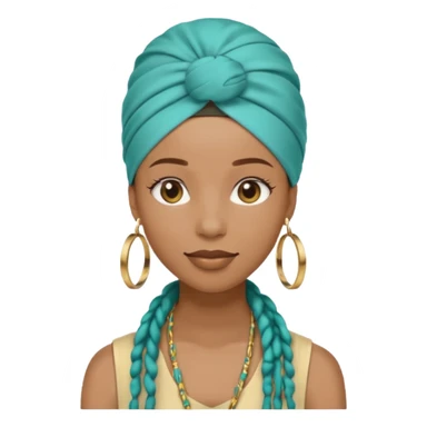 Non-portrait Jayci-vibe emoji, 1024 PNG, transparent. Headwrap (muted R-G-G), hoops, locs hint; soft smile, golden inner glow + faint heart aura. Embed: first-love, roots calm, playful grace, protective joy, consent. sticker