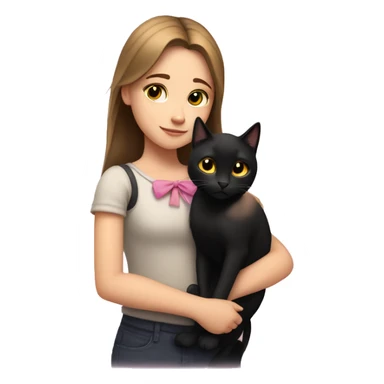 A light-skinned girl with brown straight hair hugs a black cat with yellow eyes and a pink bow sticker