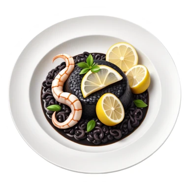 cinematic-realistic-black-risotto-dish,-showcasing-lagre squid pieces-rendered-with-bold-textures-and-dynamic,-dramatic-lighting in a white plate with a grilled lemon on top sticker