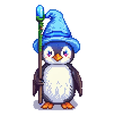 pixel art penguin wizard with a blue hat and staff sticker