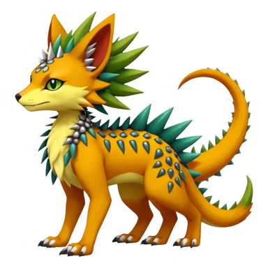 Kawaii cute reddish orangish yellowish greenish exotic tribal beautiful pretty elegant divine edgy feline-vernid-sergal-Fakémon-Pokémon-Digimon-fursona-animal-creature with accessories, jewelries, full body, with intricate detailed markings, spikes, furs, fins, scales, spiny sticker