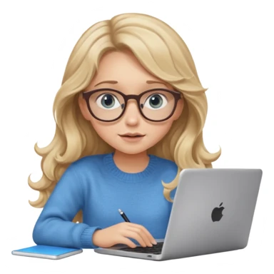 blonde girl with long dark blonde wavy hair, blue big eyes, pantos-style glasses, a brown sweater, sitting and looking in laptop, soft pastel, upper body shot sticker