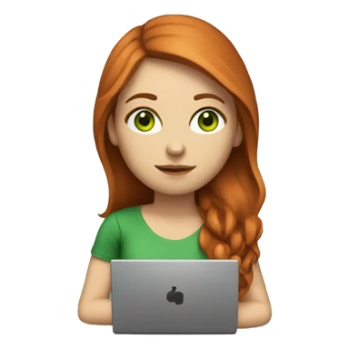 Female coder featuring a laptop. She has long reddish hair, green eyes, white skin. sticker