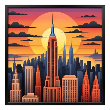 New York Empire State with buildings and a sunset sticker