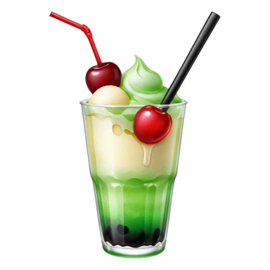 Create an emoji with a clear rounded glass, bright transparent green soda with fine bubbles, a smooth vanilla scoop, a glossy red cherry, and a black straw, using vibrant colors, soft shading, and clear glass highlights.
 sticker