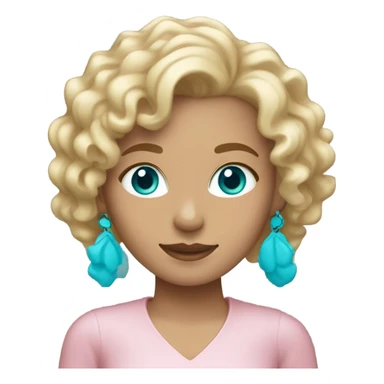 Blonde curly hair mid length.  Belgian girl. blue eyes with turquoise earrings and light pink features sticker