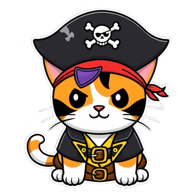 cat with a pirate patch over one eye and a pirate hat on sticker