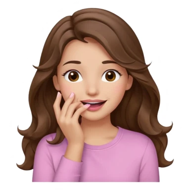 girl with wavy long brown hair, brown eyes, light to medium complexion, long lashes, light pink lipstick, wearing light pink shirt, sexy, gigling hand covering mouth sticker