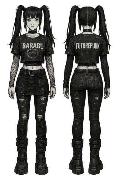 1 female outfit design for a VTUBER OC. The style is mixed 90's grunge, punk, lots of black and white in the color scheme, futuristic aesthetic. Clothing has small rips and tears from wear, logos and designs are faded. Garage, Shoegaze, postmodern style. character design concept art outfit for a female. [[FUTUREPUNK CYBERGOTH]] front on view, not 3/4 angle or any angle, perfect front, front and back view of each design,  sticker