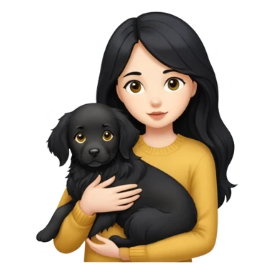 A girl with long black hair is holding a black golden retriever sticker