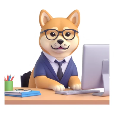 shiba inu with eye glasses and computer sticker
