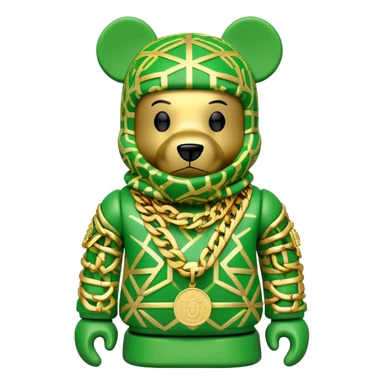 geometric bearbrick with lime balaclava filled with street brand logos graffiti style, wearing multiple heavy gold chains, cuban links and gold medallion, hip hop style sticker