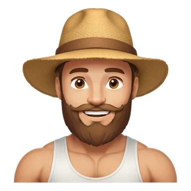 Muscular man with mid-long hair wearing a hat, big beard, smiling, white tank top sticker