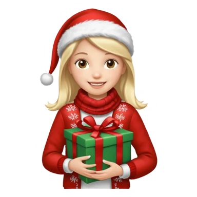 a girl wearing a chirstmas jacket and scarf and holding a christmas gift sticker