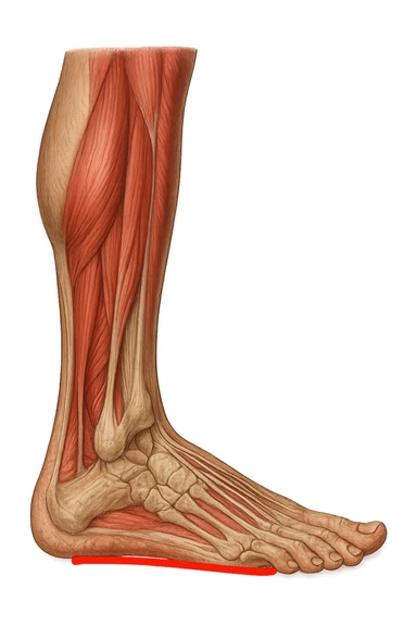 spazio dall'avampiede al tallone umano sottolineato in rosso, fai l'arto umano anatomico realistico con evidenza su quel tratto sticker