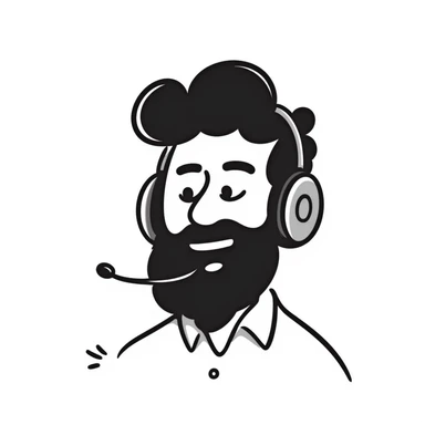 laughing man with black hair, brown eyes, black beard wearing gaming headset sticker