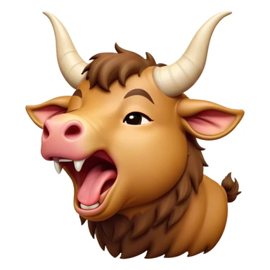 Cinematic Cute Yawning Domestic Ox Portrait Emoji, Head tilted slightly with a dramatic, wide-open yawn, showcasing a soft, textured hide with drooping horns and half-closed, drowsy eyes, Simplified yet irresistibly adorable features, highly detailed, glowing with a soft, cozy natural glow, high shine, relaxed yet expressive, stylized with a dash of pastoral whimsy, soft glowing outline, capturing the essence of a sleepy yet affectionate ox that seems ready to stretch out for a nap! sticker