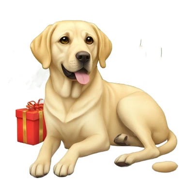yellow labrador sitting next to a christmas tree sticker