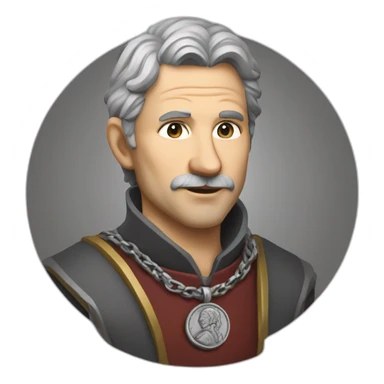 medieval coin engravers guild leader, 50 years old, grey hair, bust, has a necklace with a coin, has a coin in one hand sticker