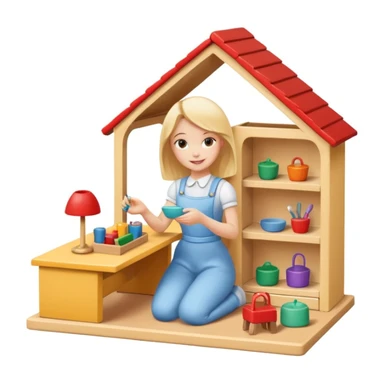 smiling girl arranging furniture in doll house sticker