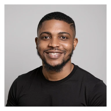 A professional portrait of me in monochrome. Plain black crew neck shirt. Tailored to LinkedIn. Tech boy vibe (programmer). I’m a black man from Nigeria. Retain facial features from attached image. Make face smoothie and healthy. No accessories. Light gray background to make subject more visible. sticker
