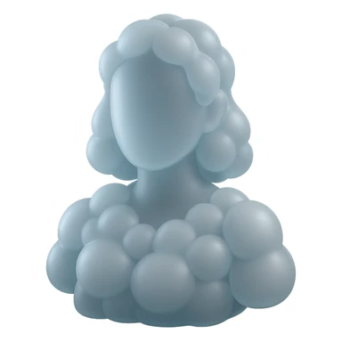 faceless person, facing straight, fully composed of white fluffy convex clouds, shoulder length, no shadows, matte glass style sticker