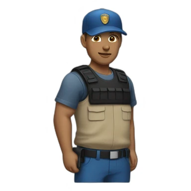 private security with blue shirt, black pants and black cap sticker
