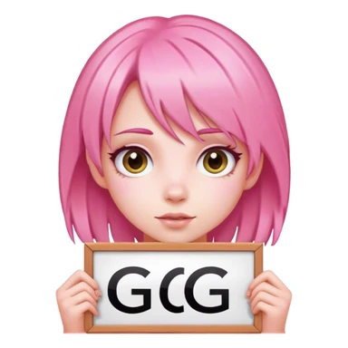 girl with pink hair, big sign, sign says GG sticker