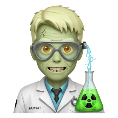 radioactive zombie scientist portrait, head and shoulders only, glowing toxic veins, cracked goggles, lab coat with radiation badge, sinister smile, 3D cartoon, mobile game icon style, clean background, no text, no watermark
 sticker