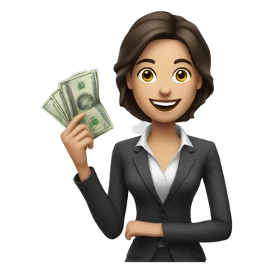brunette business woman with money in her hand, smiling sticker