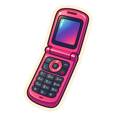 vintage pink razor flip phone, open, showing keypad and screen, retro style, shiny finish sticker